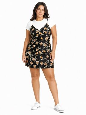 Black Spaghetti Strap V-Neck Mini Dress Orange Floral Design – Size 2X